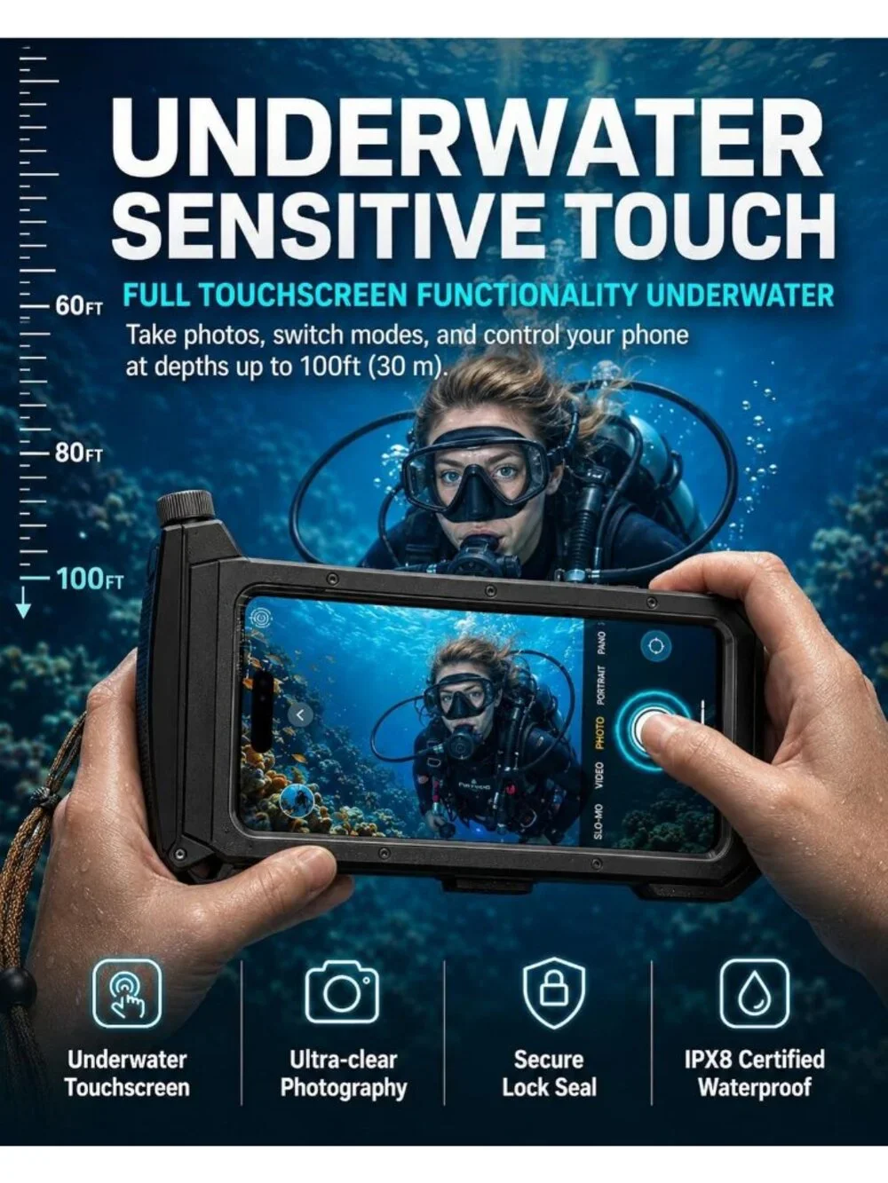 Waterproof Snorkeling Phone Case, 100ft/30m Depth, Universal Fit, Black